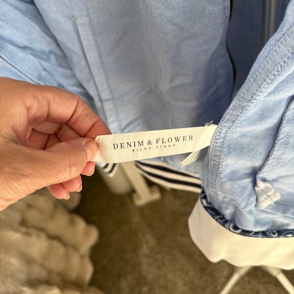 Denim & Flower by Ricky Singh Bomber Jacket Men's Medium Blue Oxford Zip Up - Picture 8 of 10